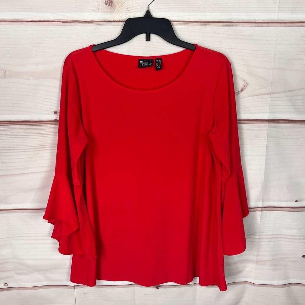 Women with Control Top Womens PM Red Bell Sleeve Blouse Knit Scoop Neck Solid